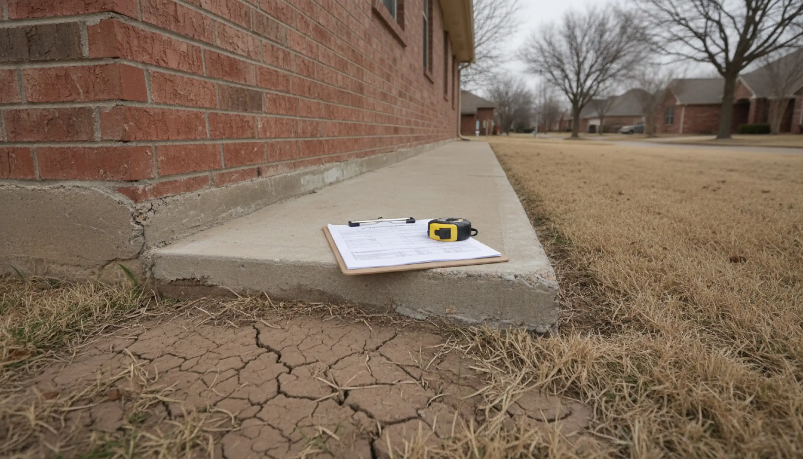 A clipboard holding a printed inspection form and a yellow tape measure resting on the exposed concrete slab edge of a red-brick house in an Arlington, Texas neighbourhood, with dry cracked clay soil and dormant winter grass along the foundation line and neighbouring brick homes out of focus behind.
