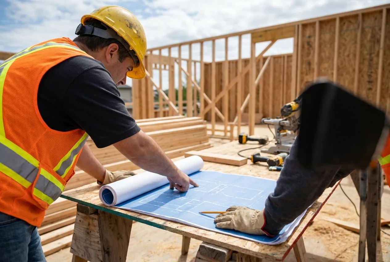 Structural engineer in a hard hat and safety vest reviewing blueprints at a wood-framed home construction site