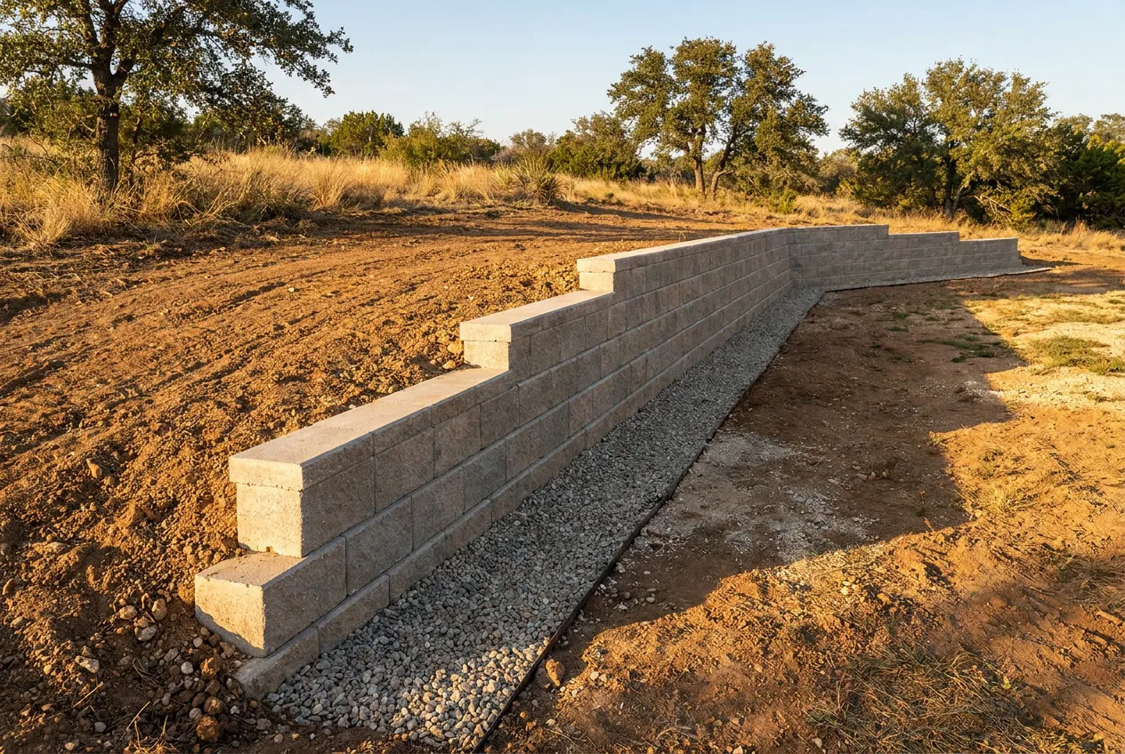Newly built concrete block retaining wall with gravel drainage holding back a graded slope in Texas