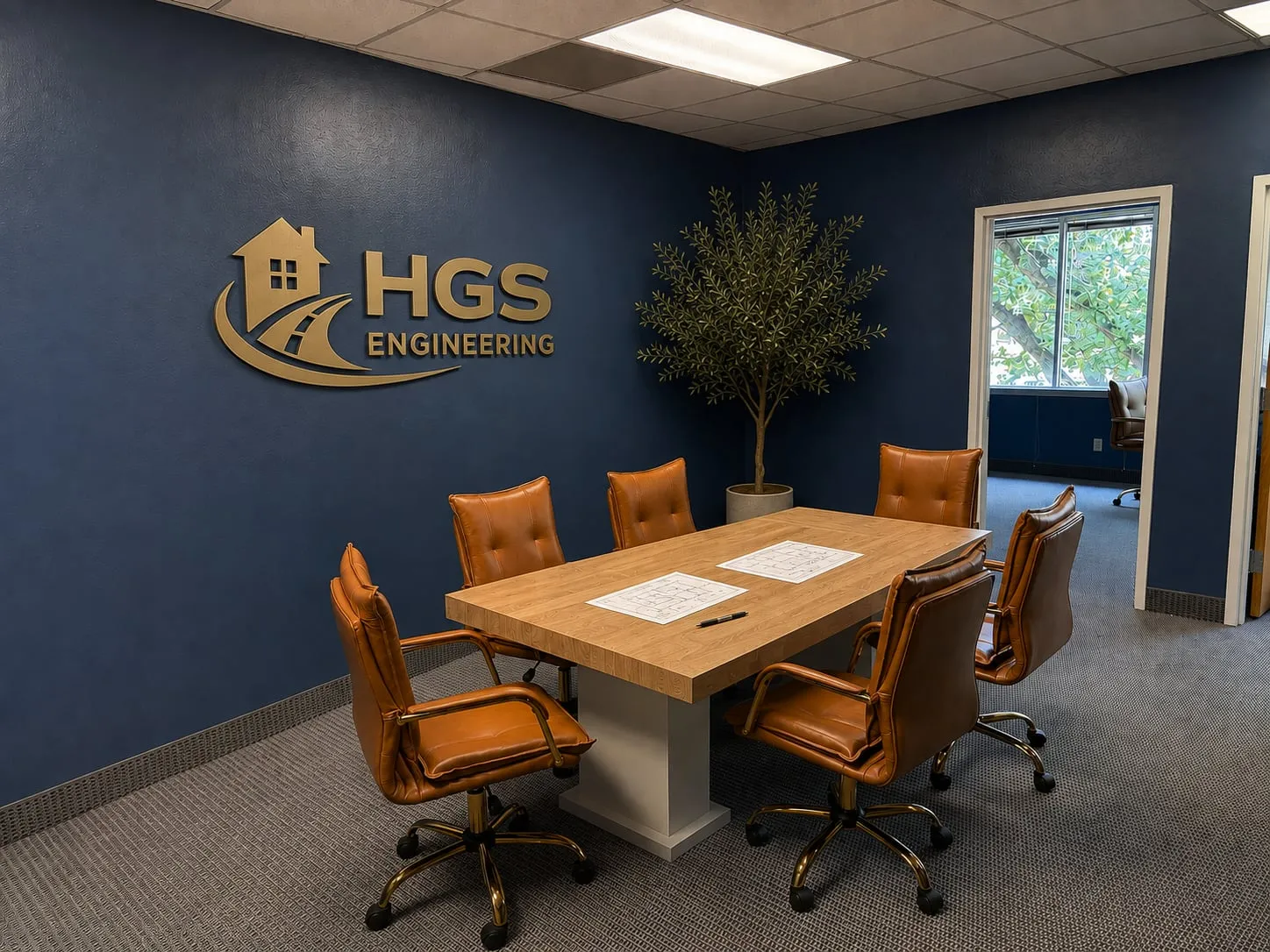The conference room at HGS Engineering's Arlington office, with the firm's logo on the wall and structural drawings laid out on the table
